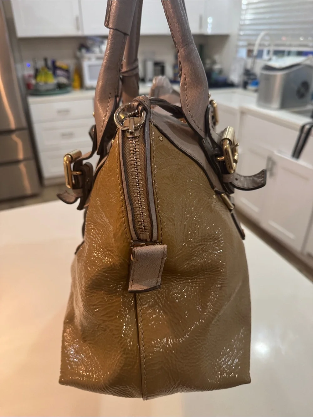Chloe Olive and Taupe Patent Leather Satchel